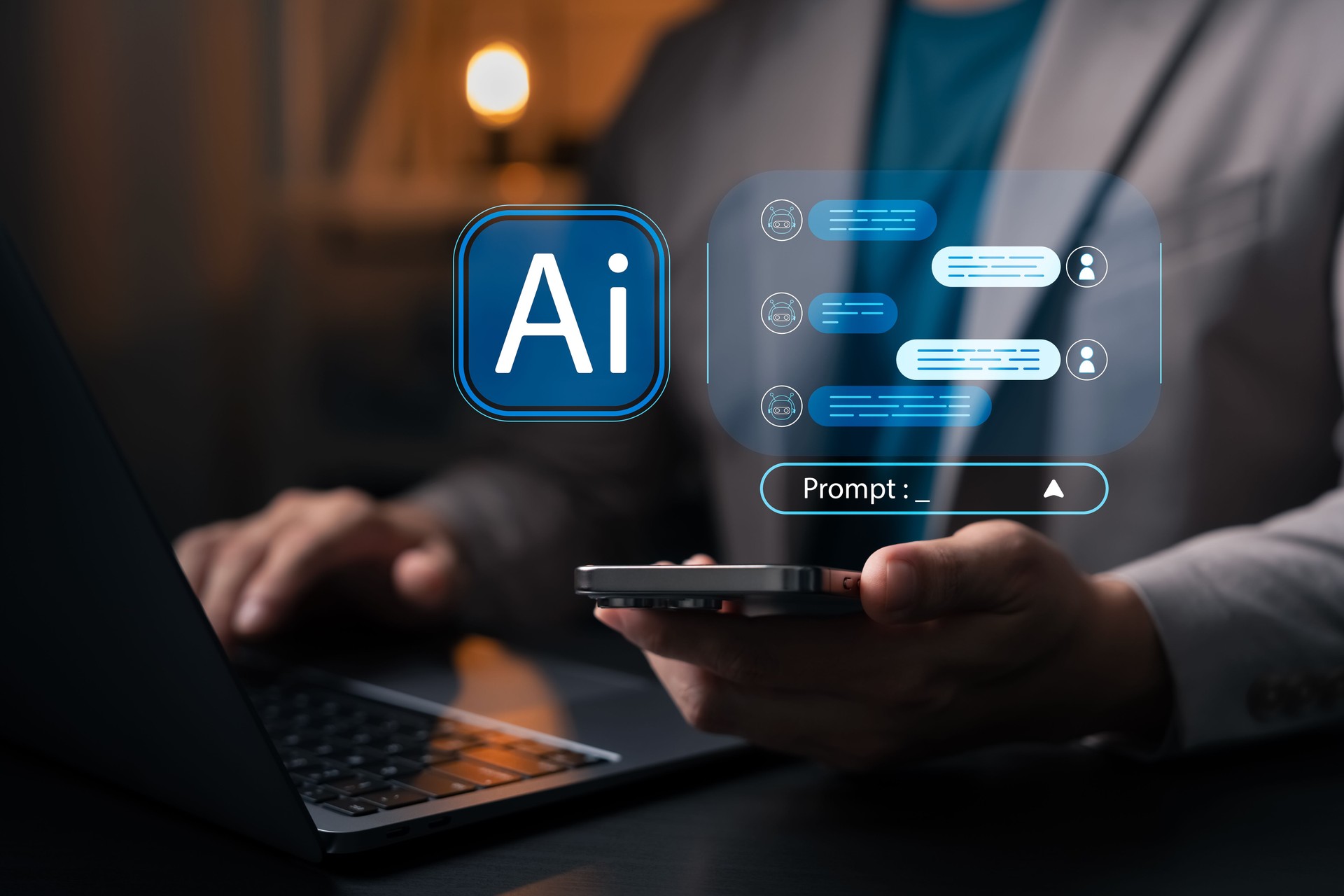 Businessman using AI chatbot on smartphone with prompt input interface, artificial intelligence conversation, generative AI technology, virtual assistant and machine learning tools.